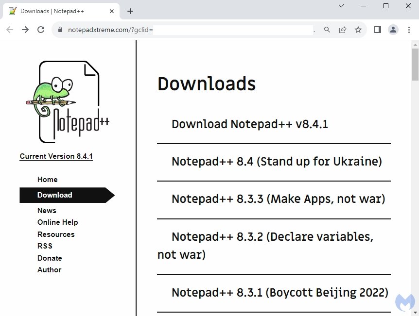 exemplo de site malicioso a apontar para download do notepad plus