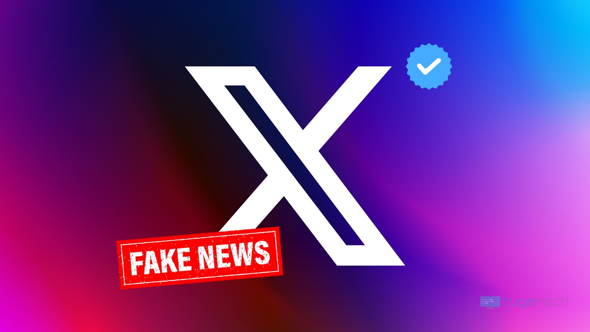 Logo da X com sinal de verificado e de fake news