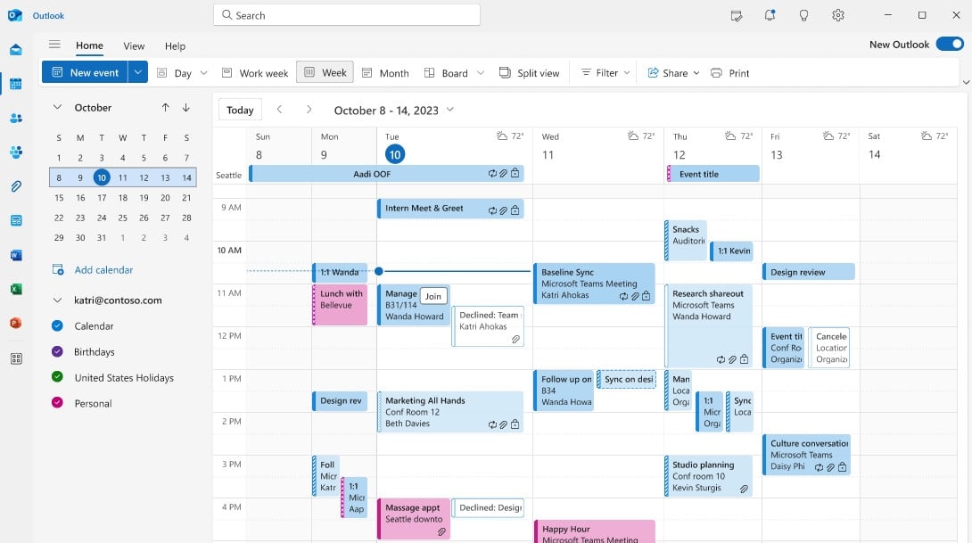 Outlook calendário com eventos rejeitados