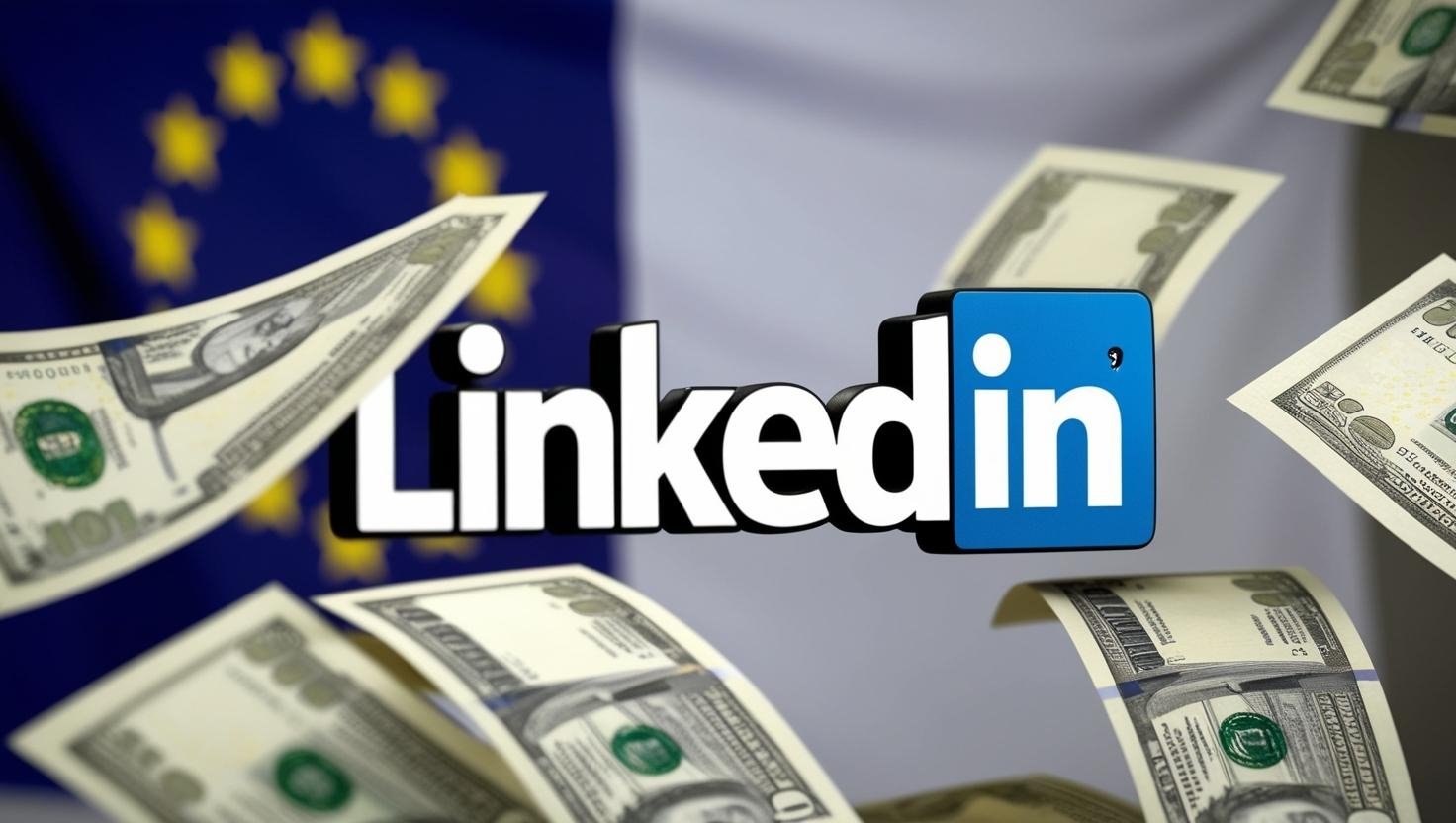 LinkedIn logo com bandeira da UE e notas a voar