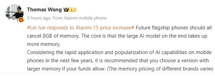 mensagem do executivo da Xiaomi