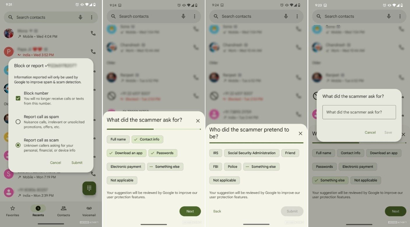 sistema de reportar contactos de esquemas na app do telefone da google