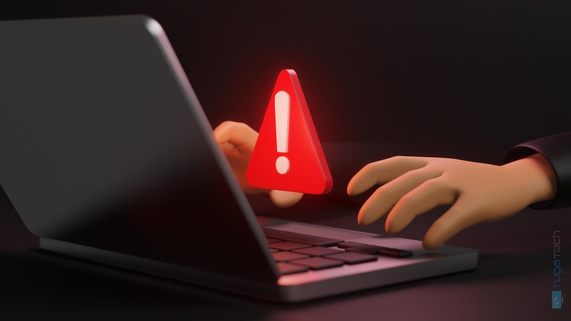 Hacker em frente de computador com sinal de alerta