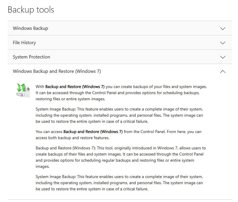 documentação da microsoft sobre ferramentas de backup do windows