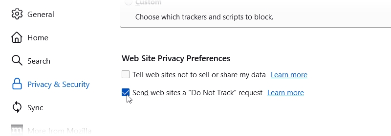 configuração do firefox para alternativa ao DNT