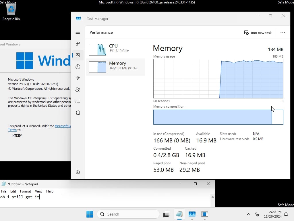 RAM do sistema windows 11 com modo de segurança e tiny11