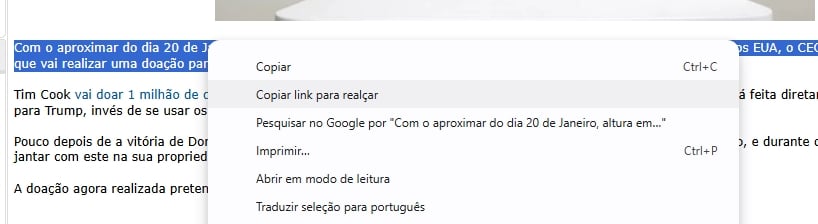 Chrome partilha de link sublinhado