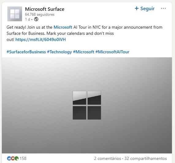 mensagem no linkedin da Microsoft