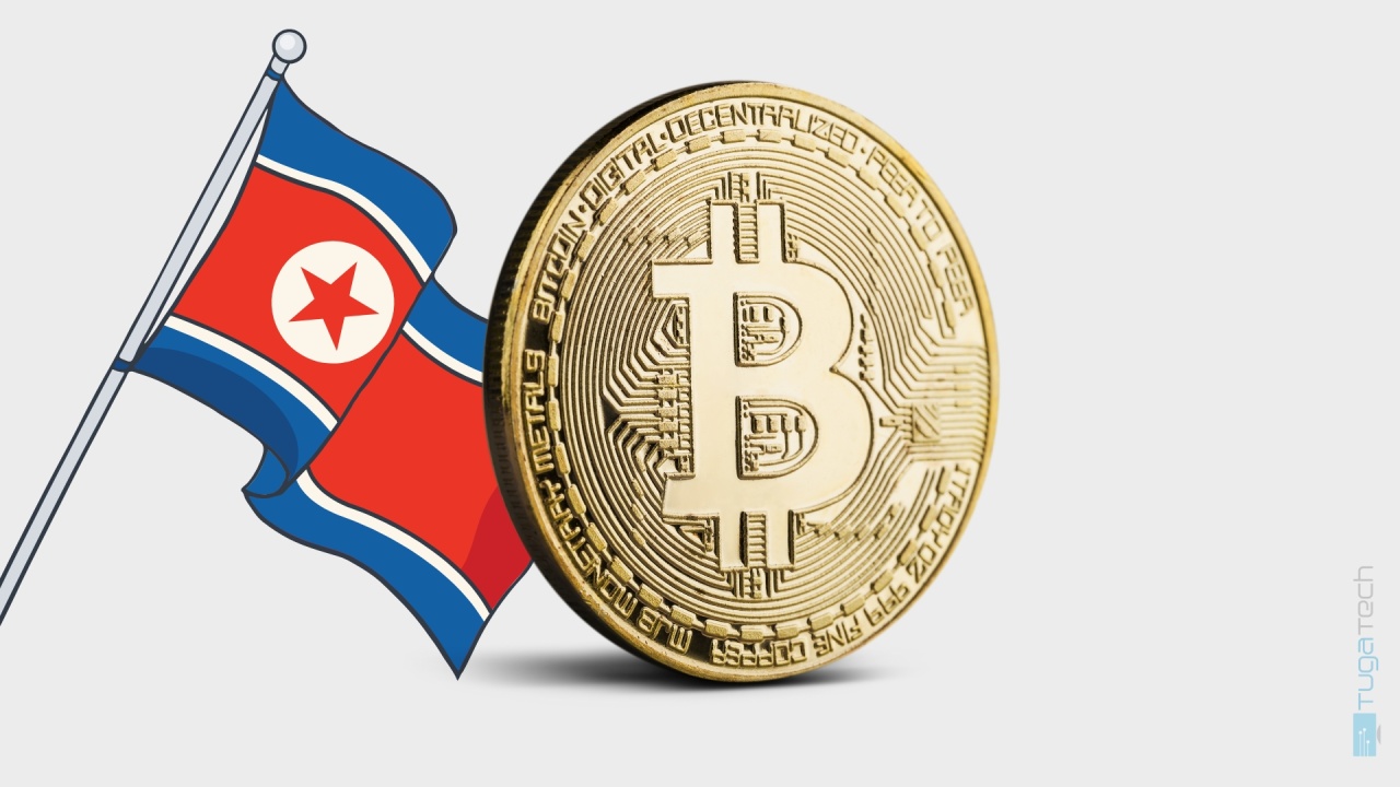 Bandeira da Coreia do Norte com bitcoin digital