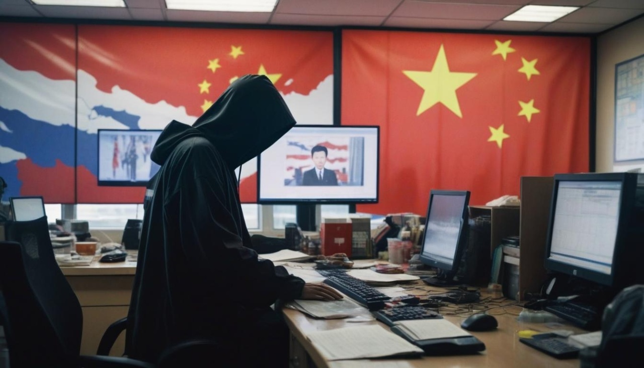 hacker em sala com computadores e bandeira da China