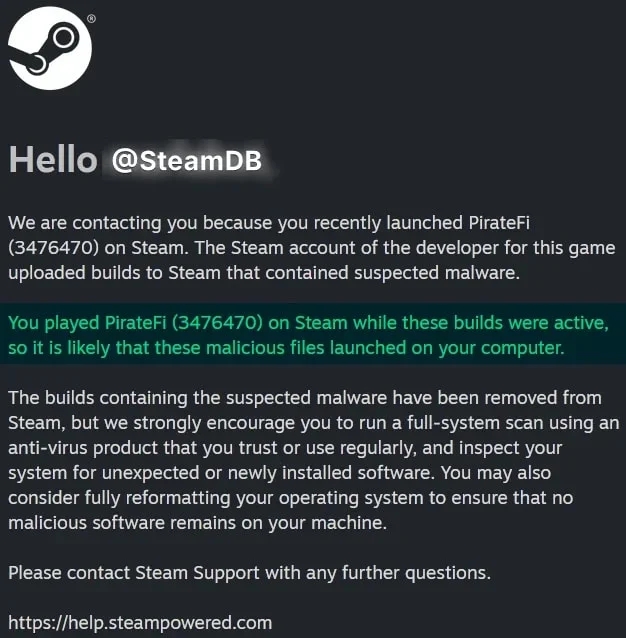 mensagem enviada pela steam para os jogadores com malware