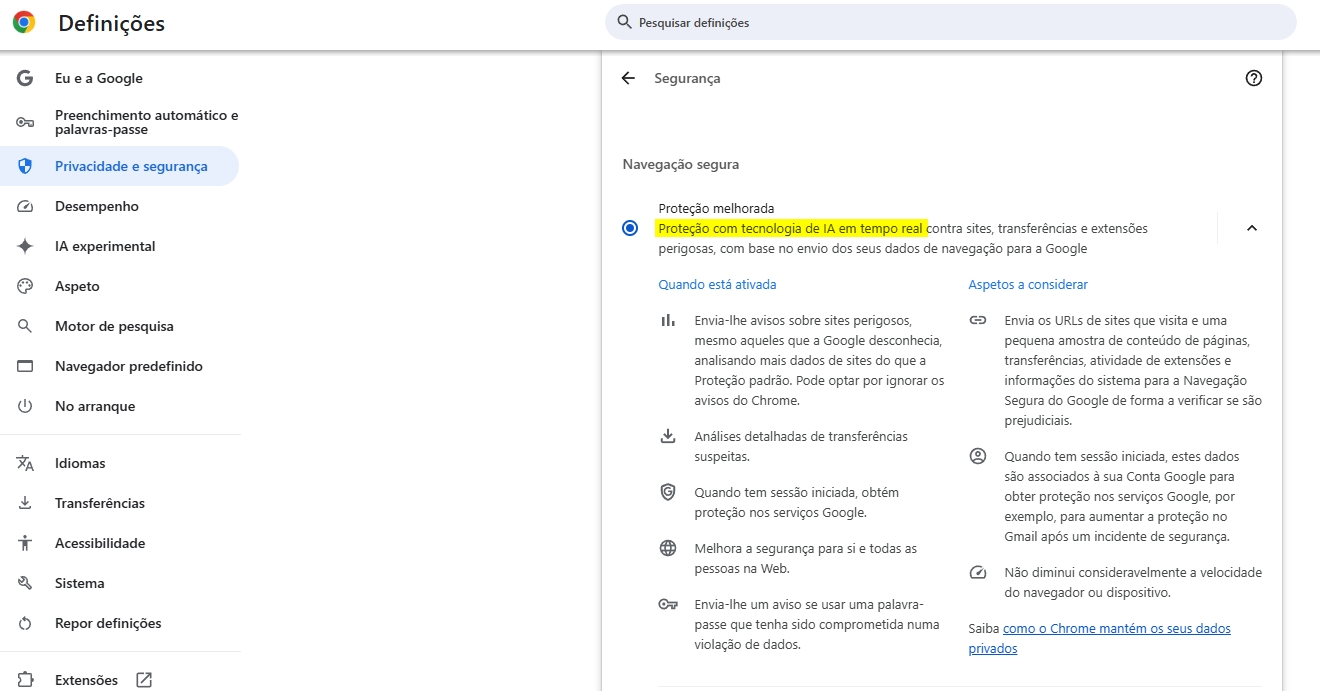 proteção com IA do Google Chrome