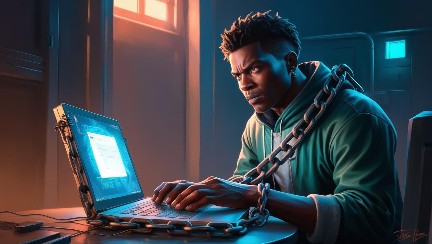 hacker em frente de computador com ransomware