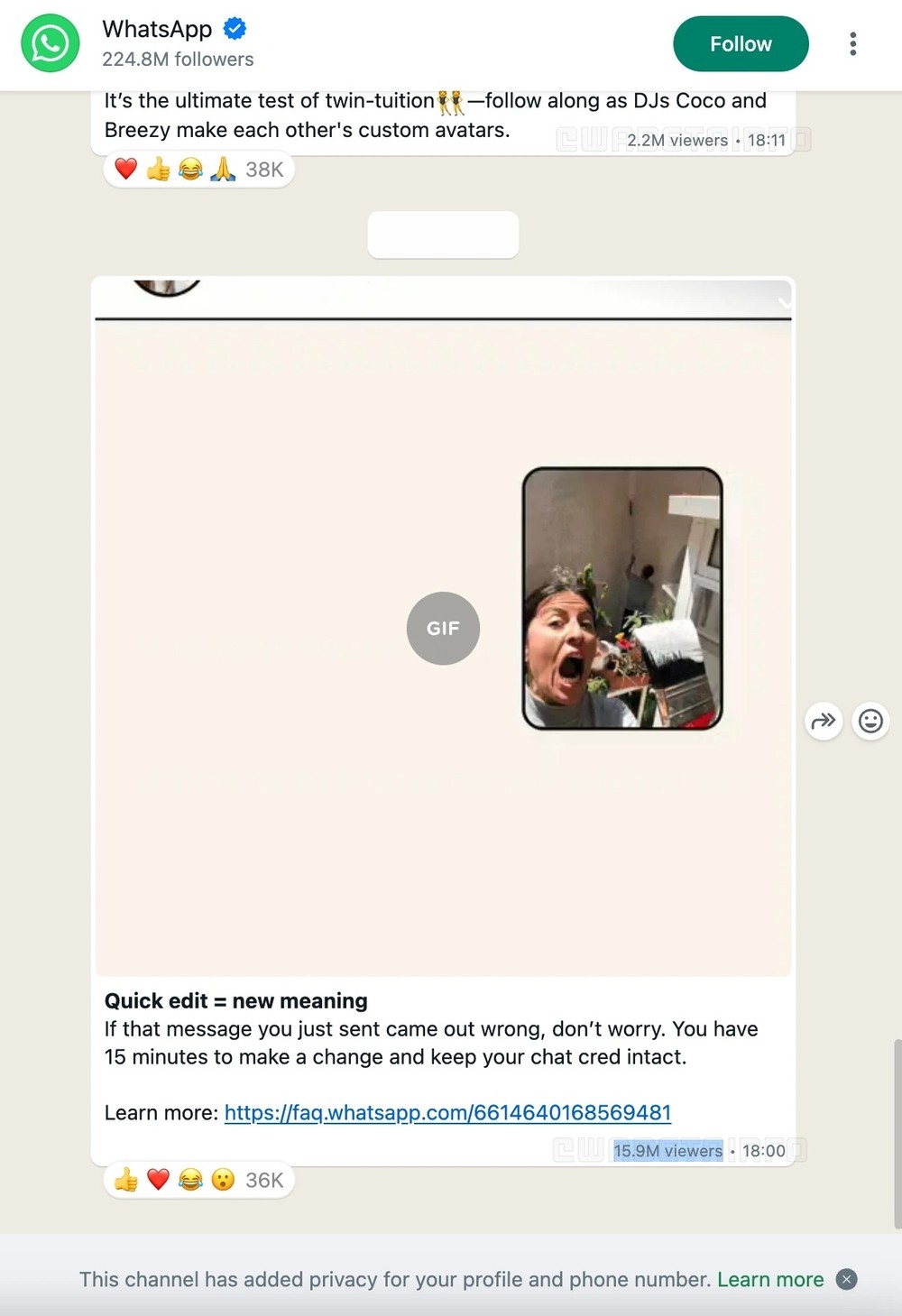WhatsApp em canais com contagem de visualizações