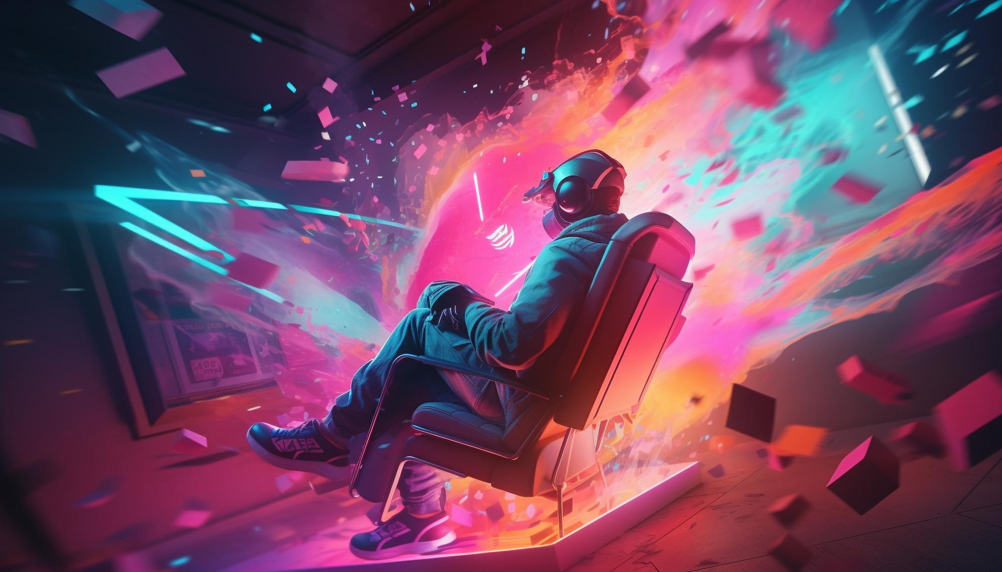 jogador de gaming em cadeira virtual