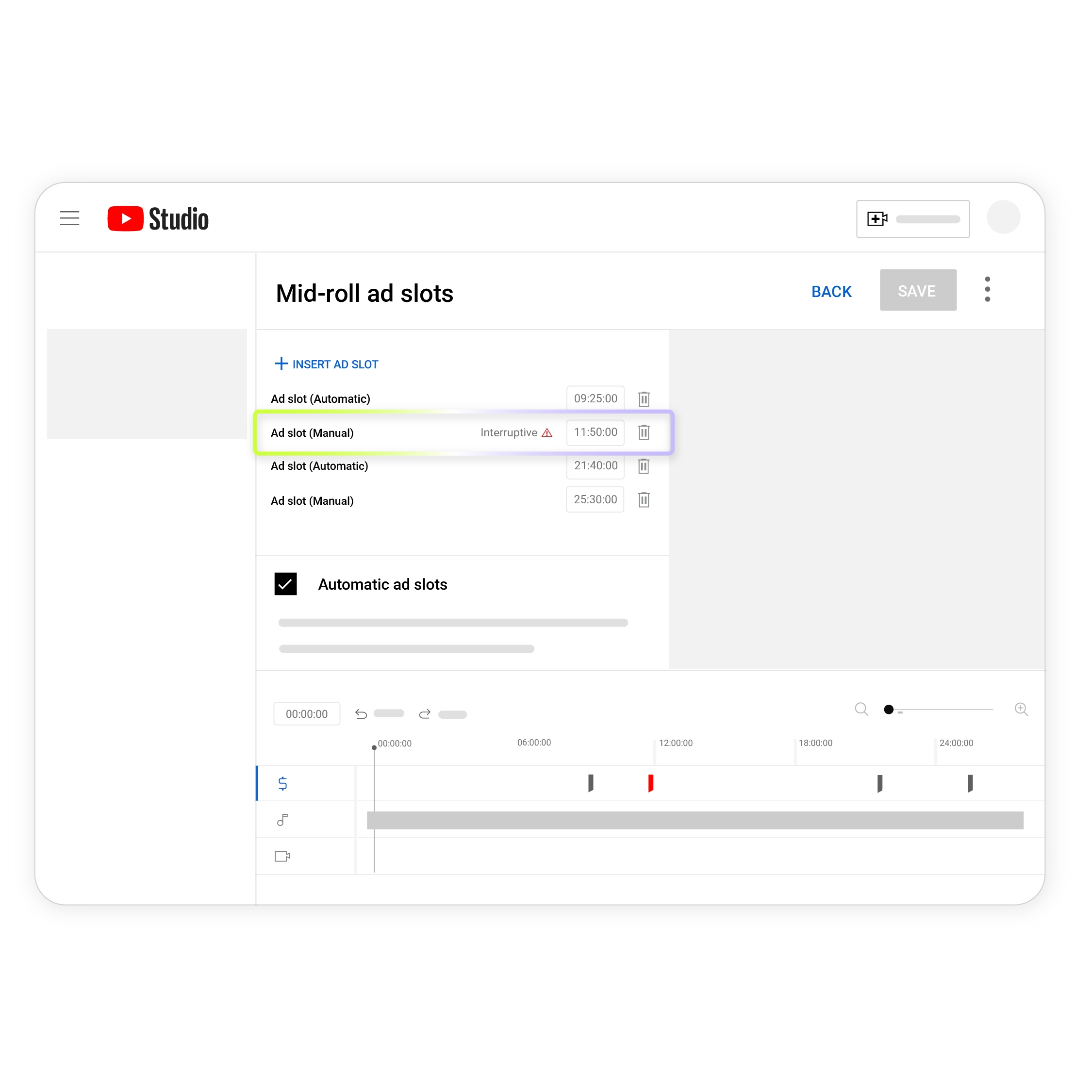 Youtube Studio com alerta de publicidade intrusiva