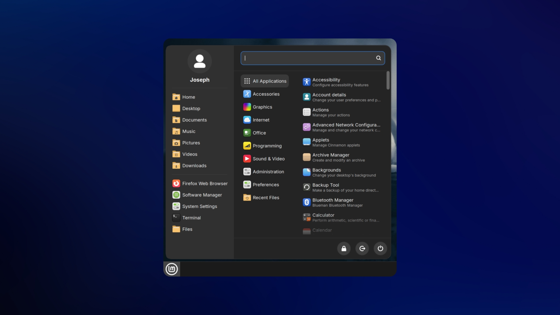 Linux Mint novo menu inicial