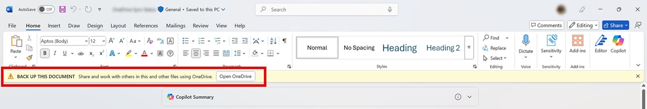 mensagem de notificação para usar o onedrive