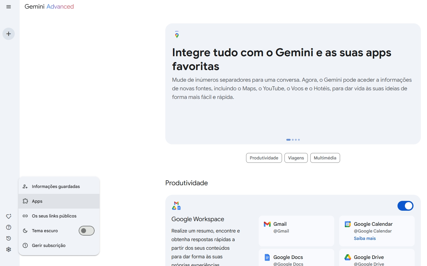 Gemini com apps invés de extensões