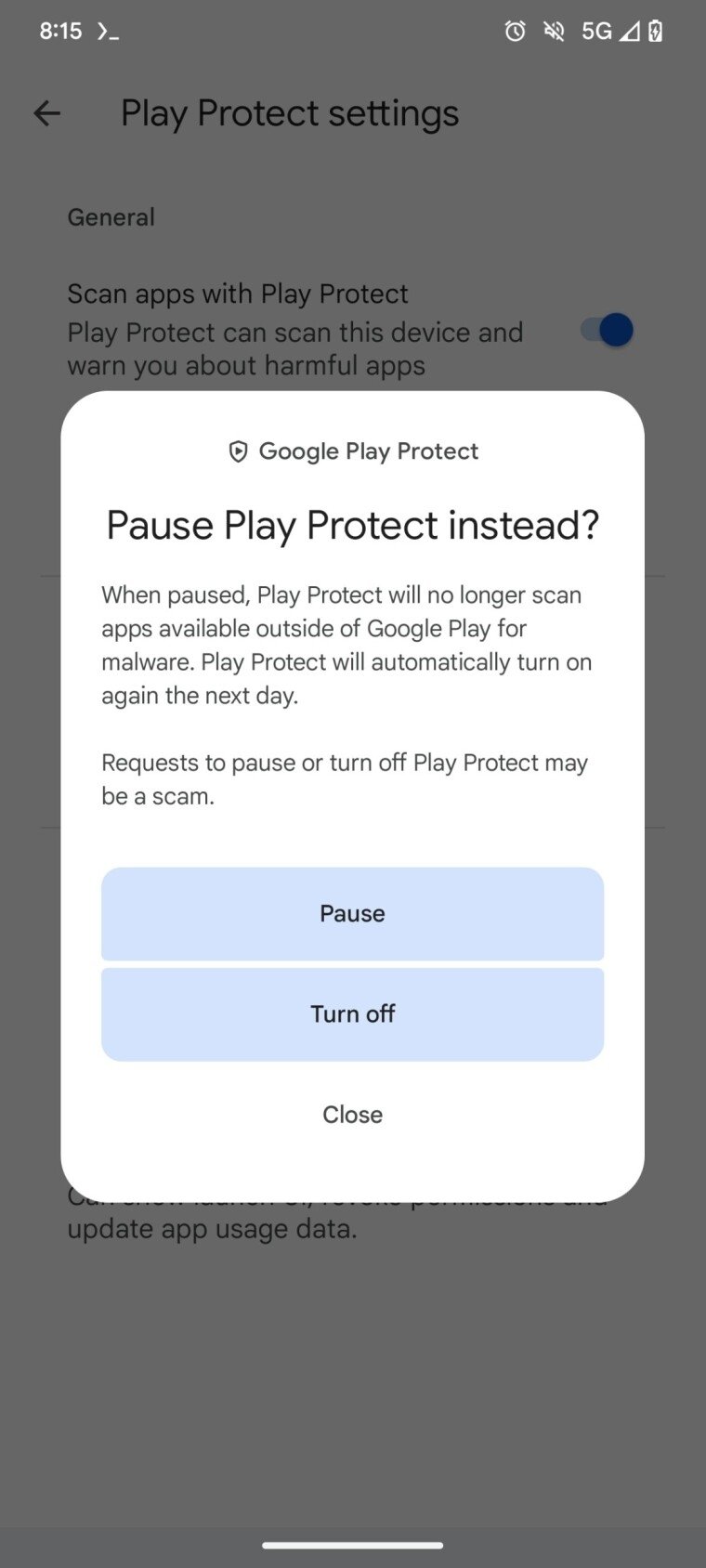 notificação do play protect para colocar em pausa