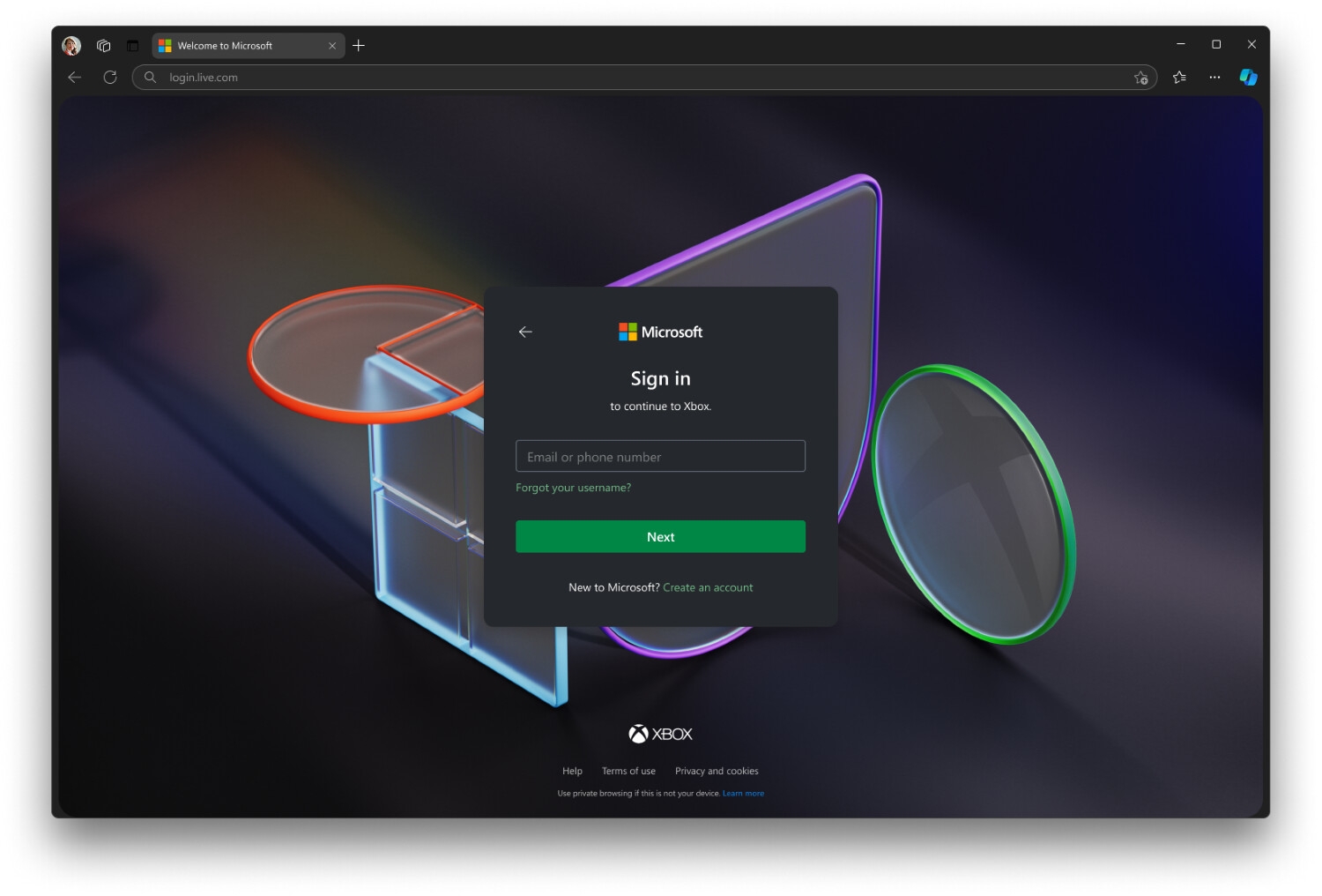 login em modo escuro na microsoft