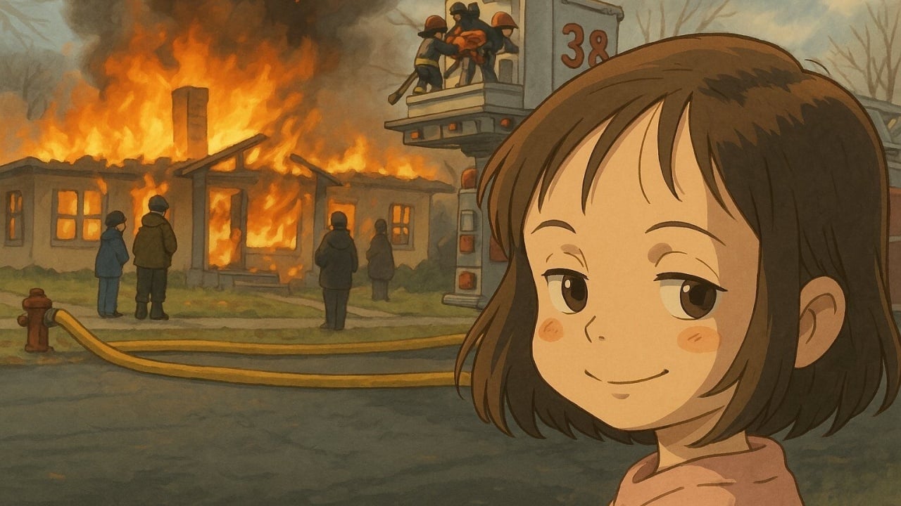 Recriação animada da "Disaster Girl", menina sorrindo em frente a um incêndio.