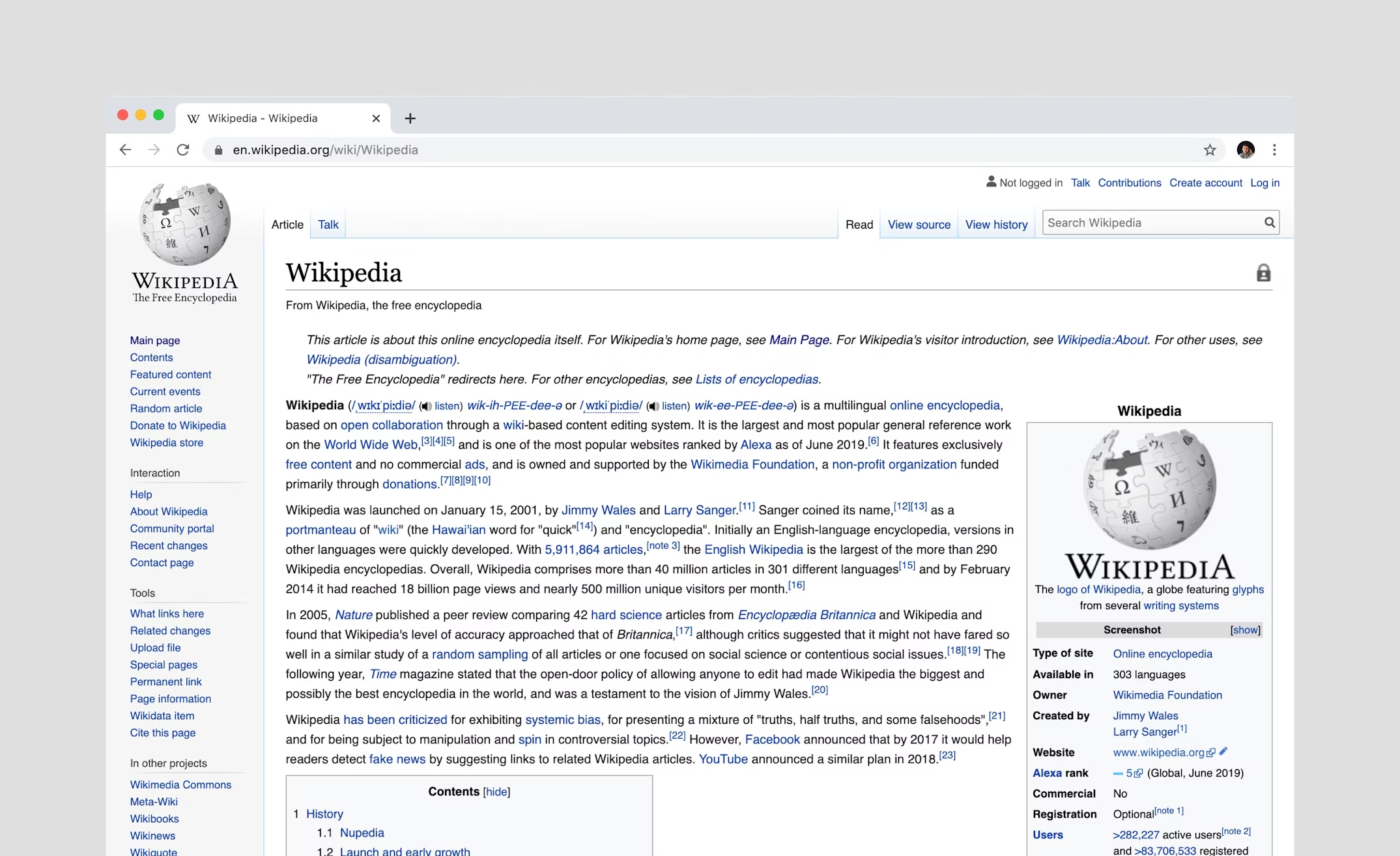 Página da Wikipédia na Wikipédia