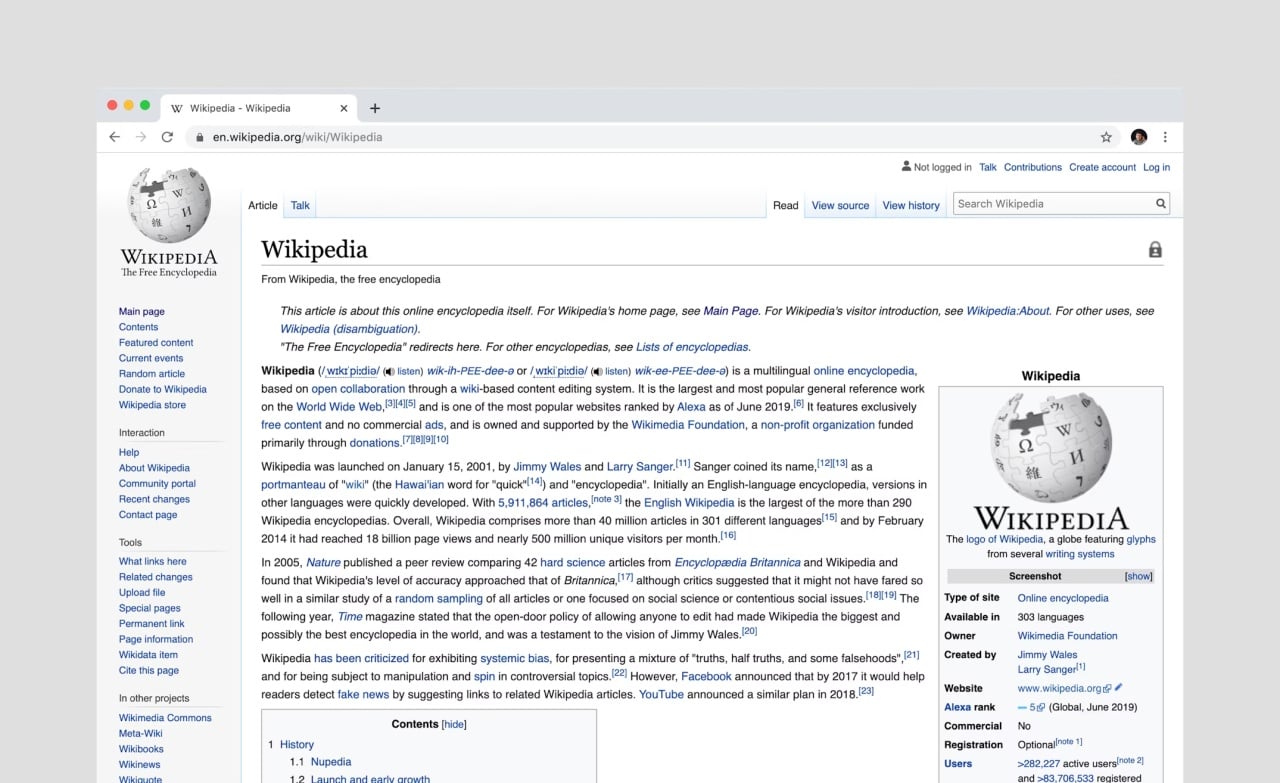 Página da Wikipédia na Wikipédia