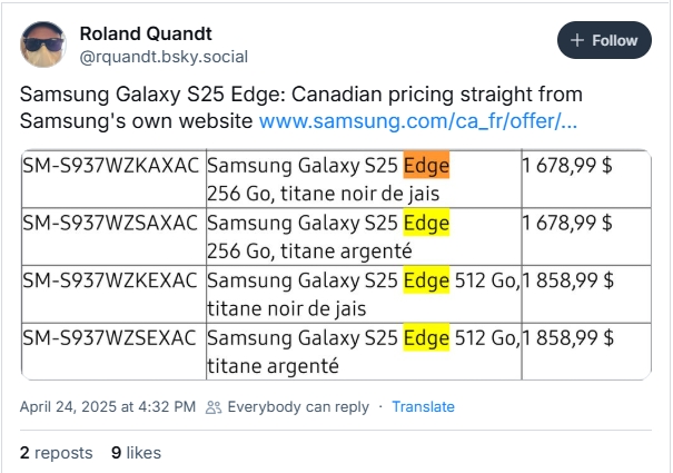 Mensagem de Roland Quandt sobre preços do Galaxy S25 Edge da Samsung