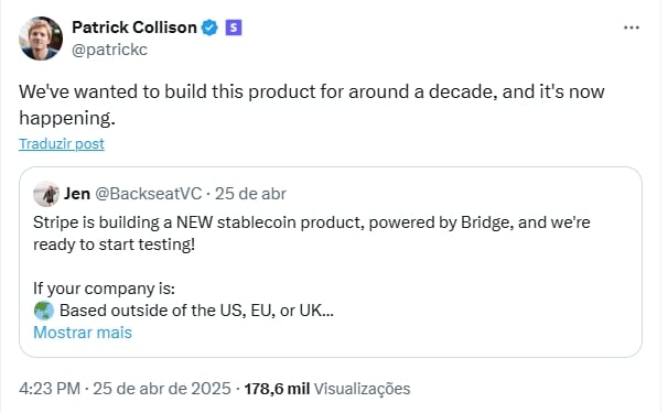 mensagem do CEO da Stripe a confirmar sistema de pagamentos por criptomoedas