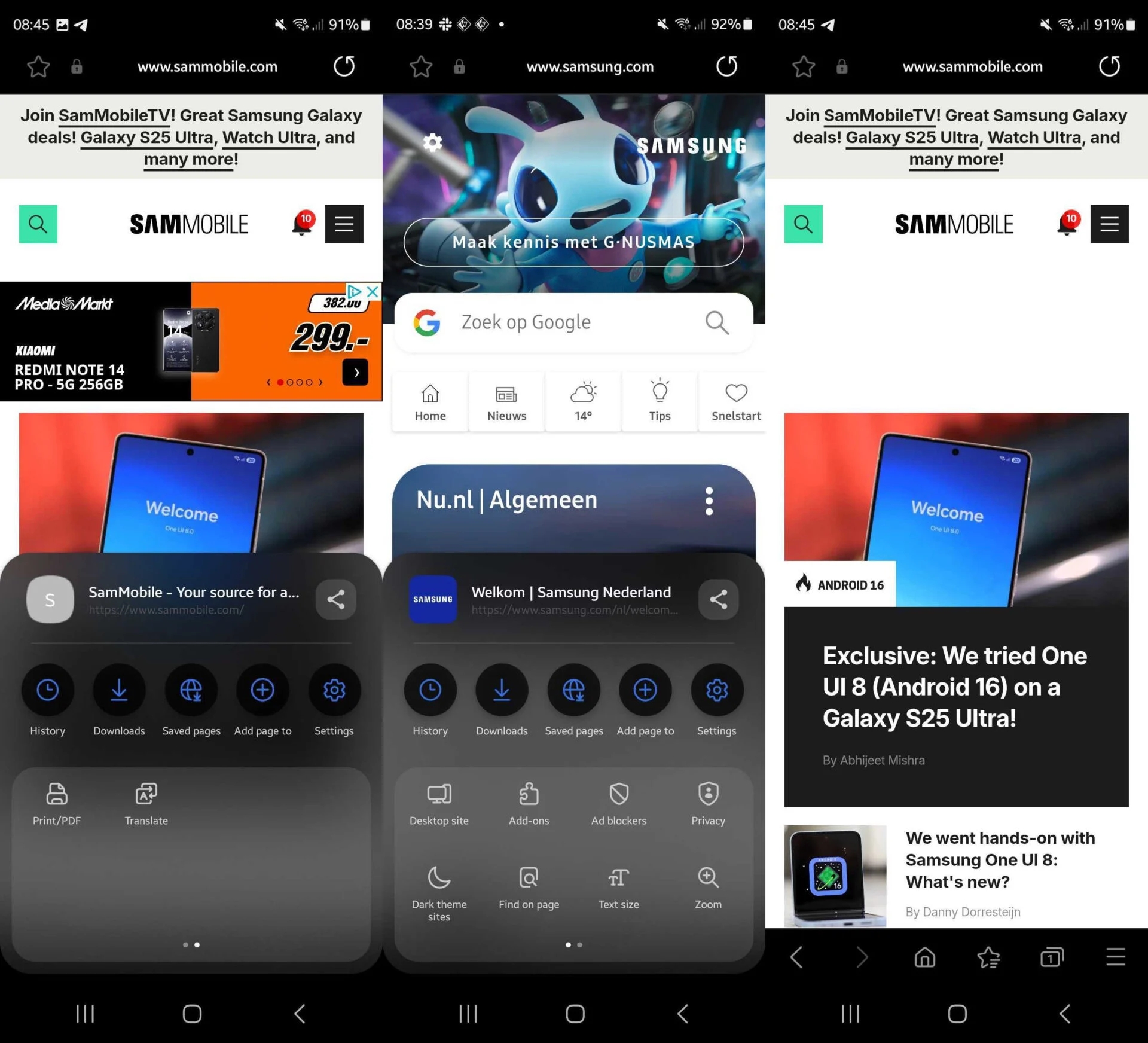 nova interface do Samsung Internet na One UI 8