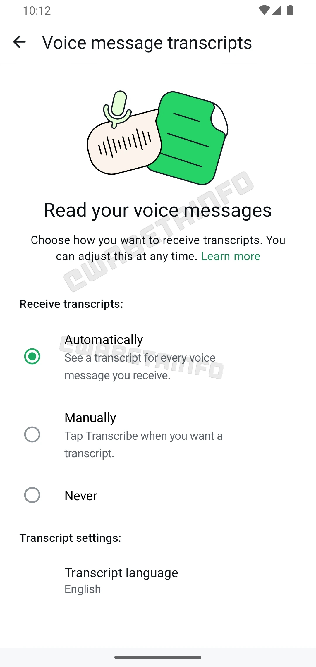 detalhes da funcionalidade de transcrição de mensagens em voz