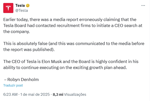 mensagem de resposta da Tesla na X