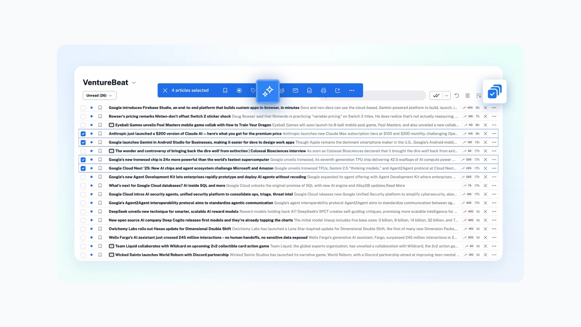Inoreader Team Intelligence em exemplo de funcionamento