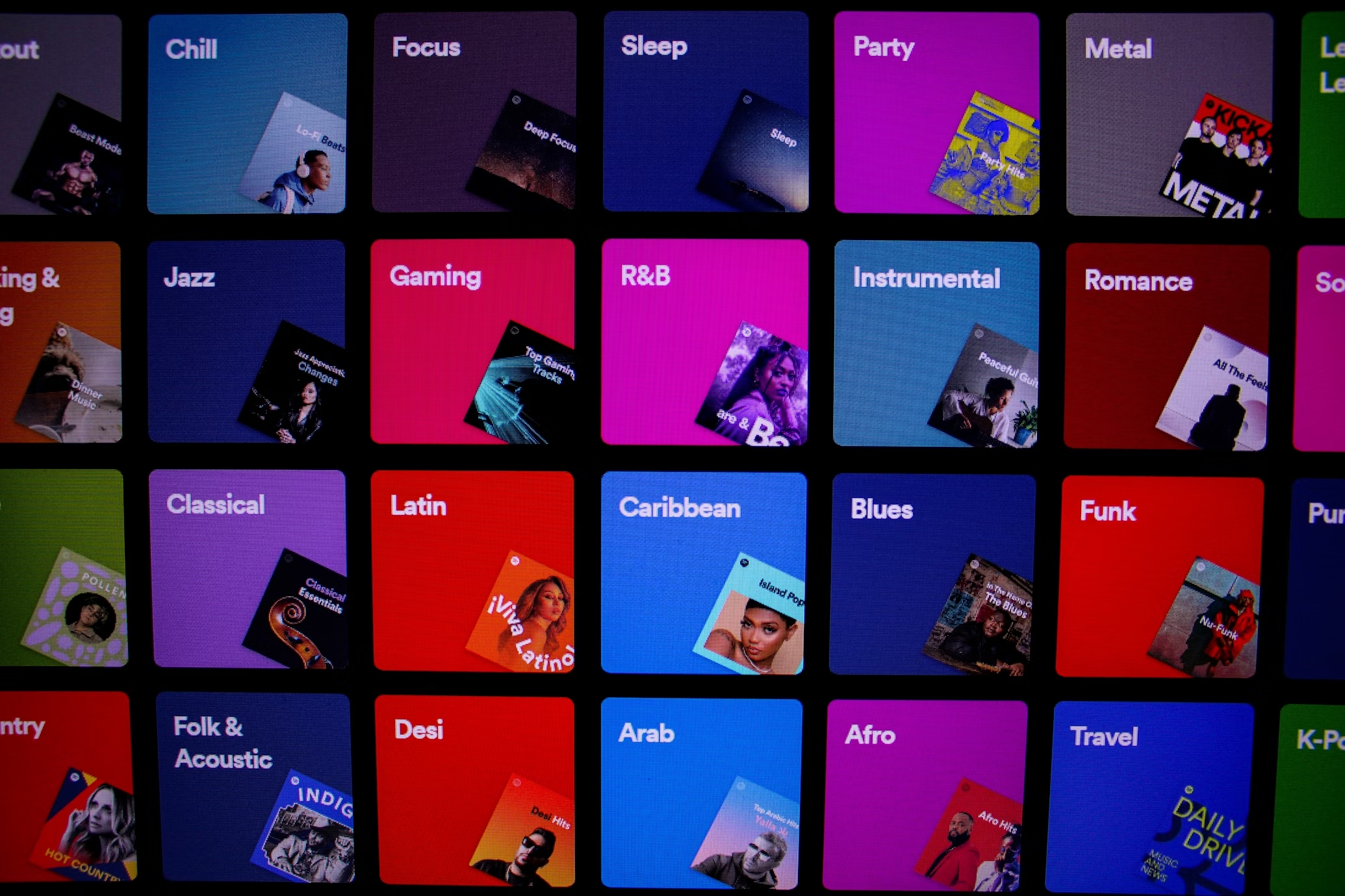 interface do Spotify com múltipla escolha de géneros musicais