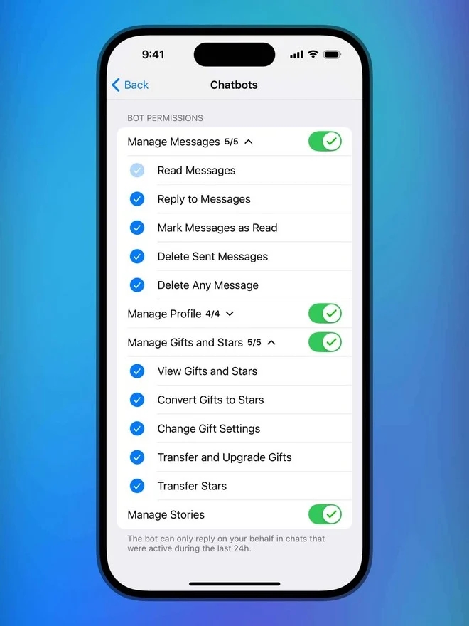 permissões para contas de empresa no telegram