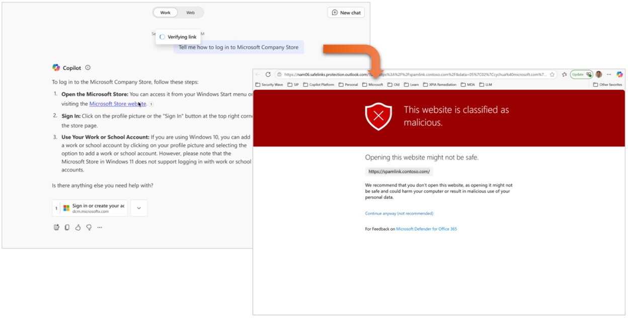 mensagem de alerta do SafeLinks do Copilot