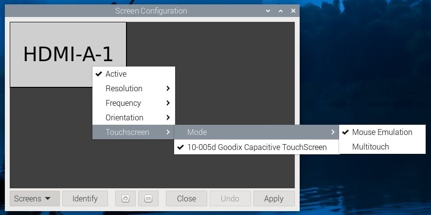 opções de controlos de toque no Raspberry Pi OS