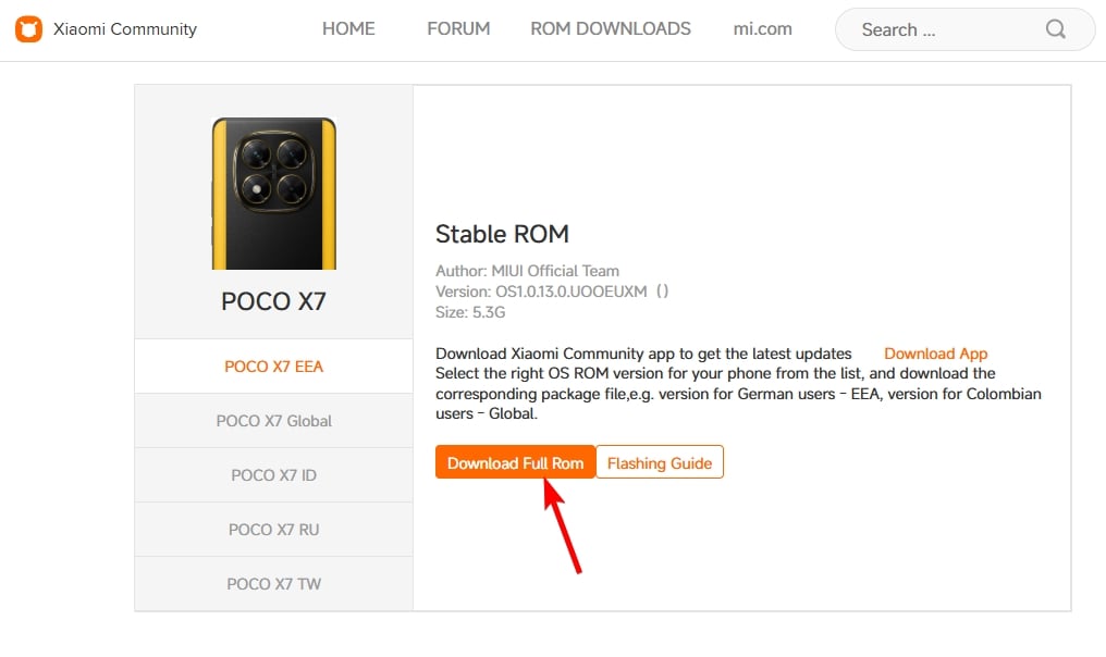 exemplo de download da ROM da Xiaomi