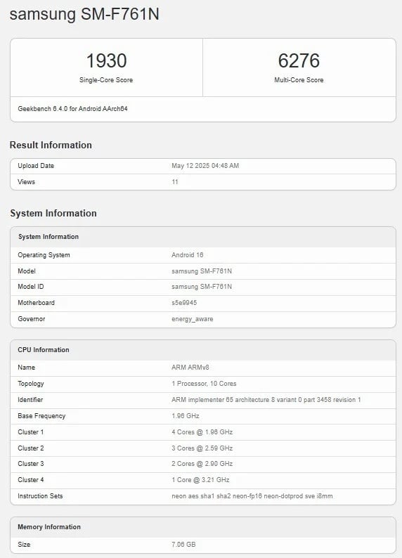 Detalhes do teste benchmark do Samsung Galaxy Z Flip 7 FE