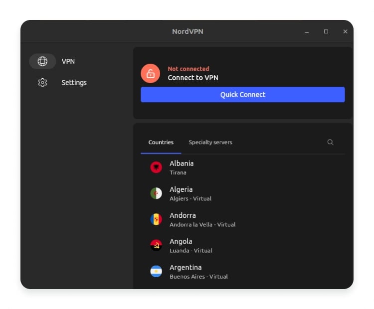 interface da NordVPN em Linux