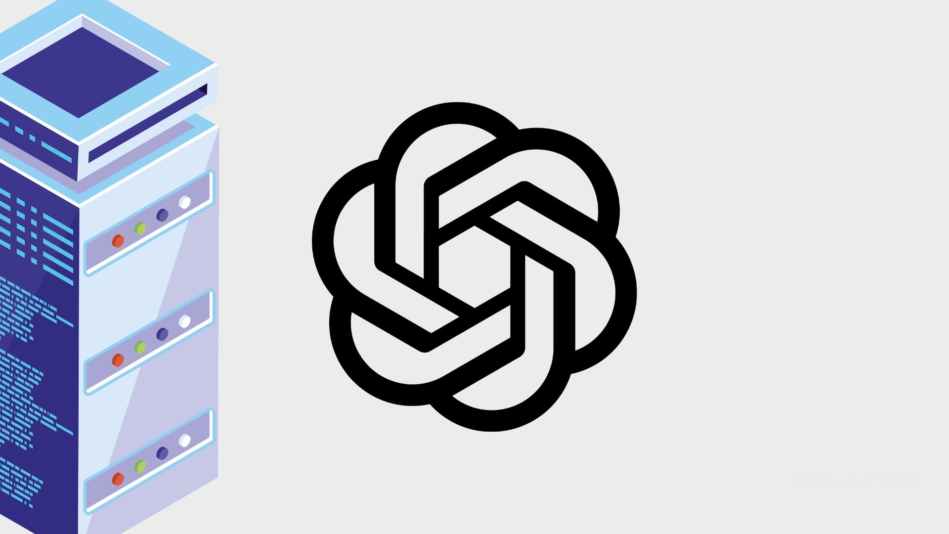 Logo da OpenAI ao lado de um rack de servidores