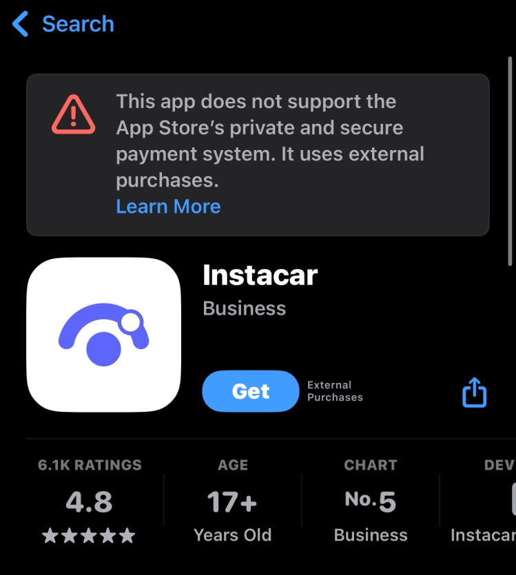 mensagem de pagamento externo da App Store