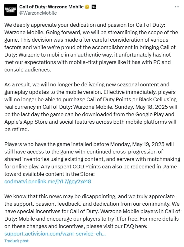 mensagem da activision sobre descontinuação do jogo