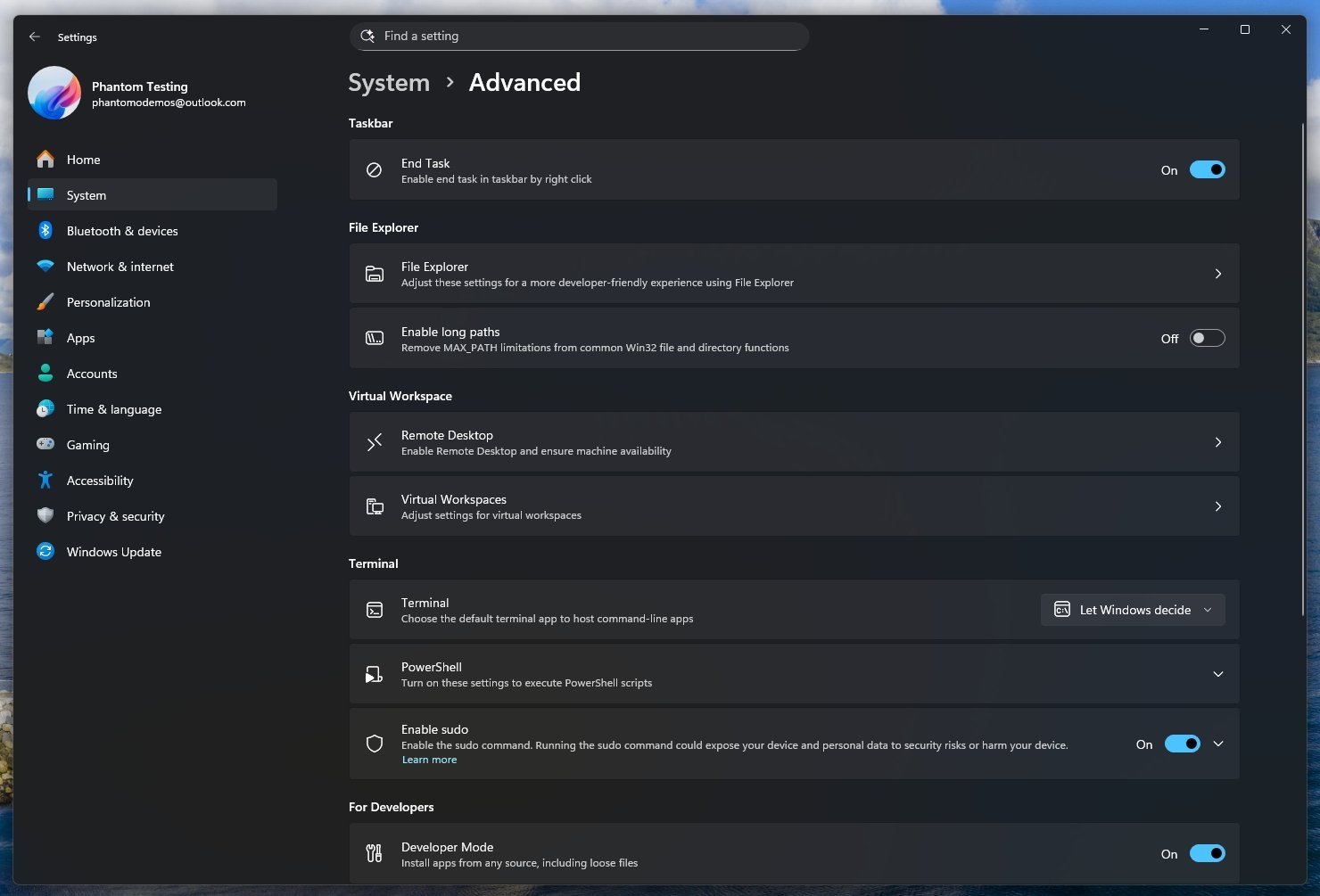 imagem das Definições avançadas do windows 11
