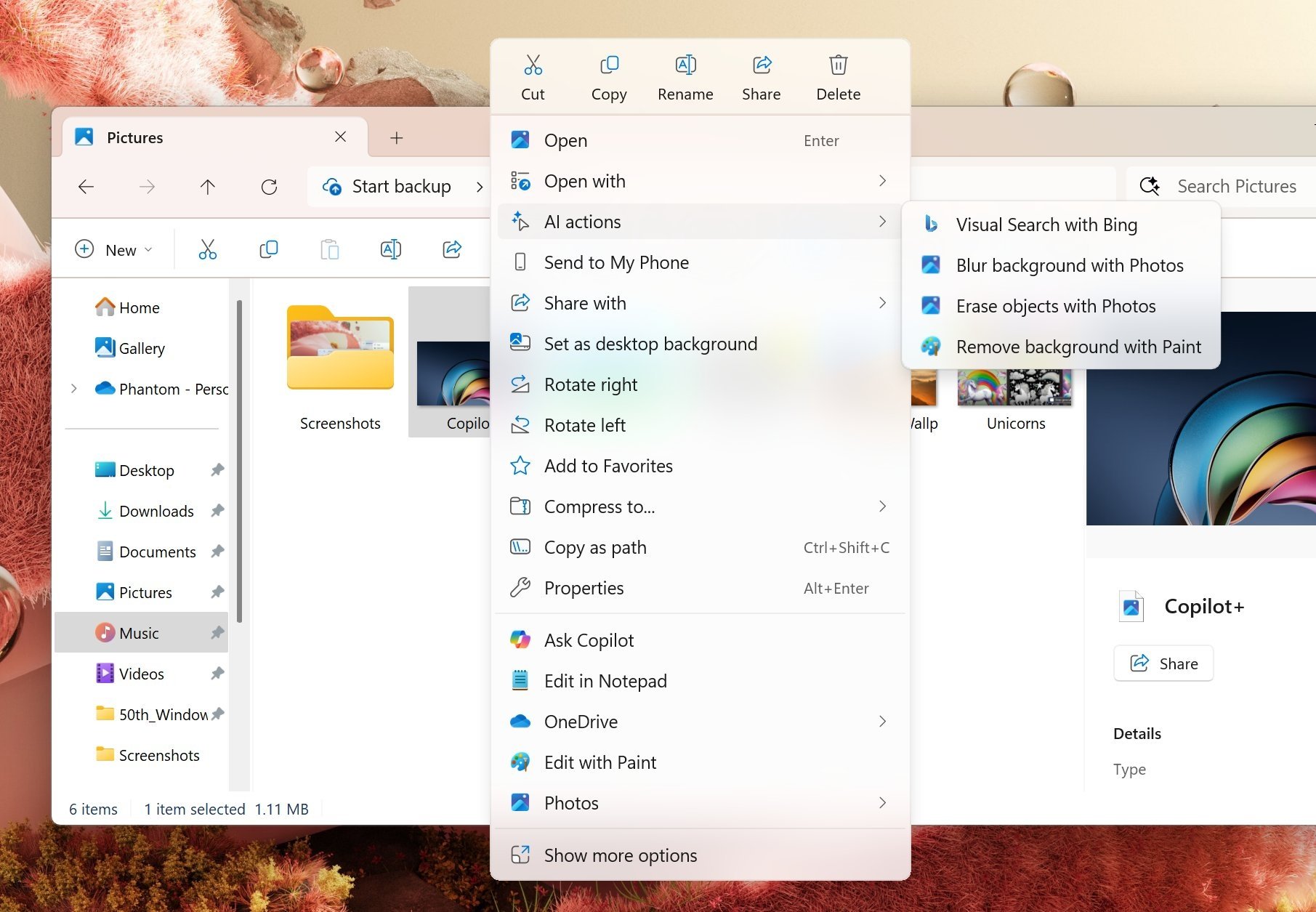 Novo menu de AI Actions dentro do Windows 11