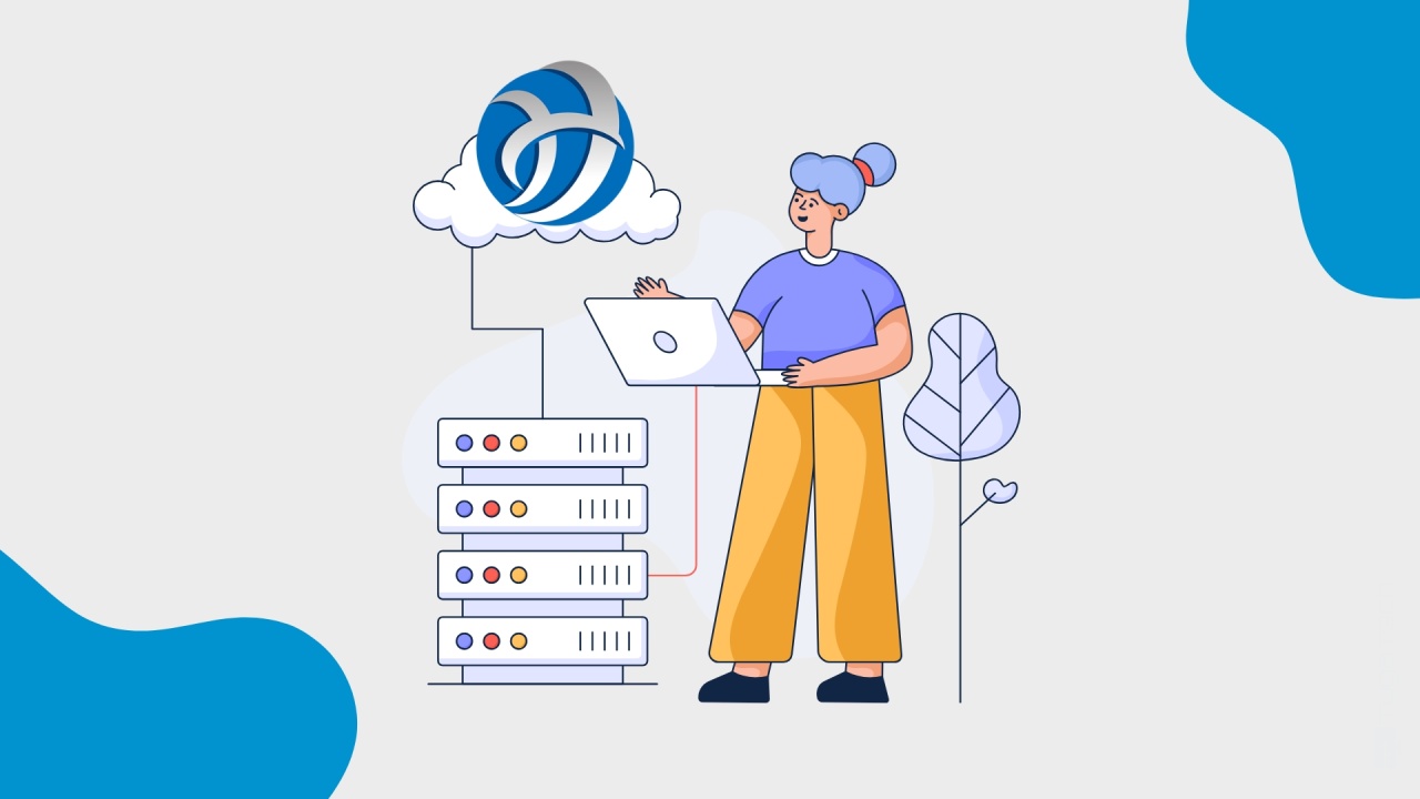 Servidor com pessoa perto do mesmo, a gerir, e com o logo da Host TugaTech numa cloud