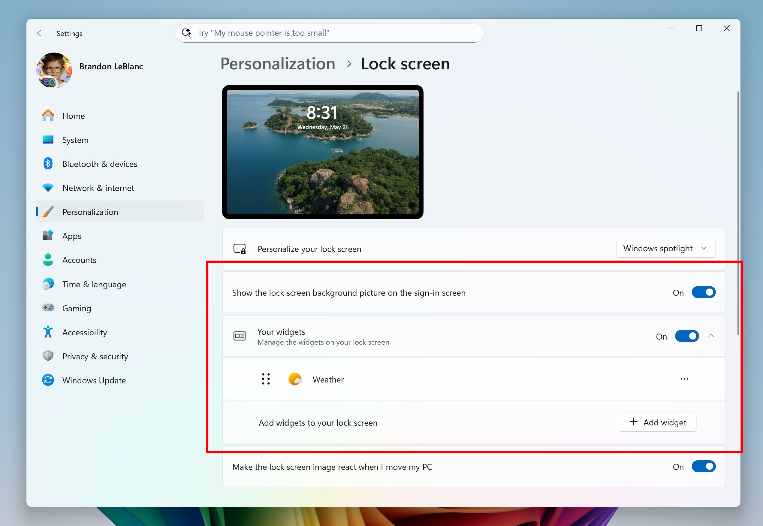 opções de widget do ecrã de bloqueio do windows 11