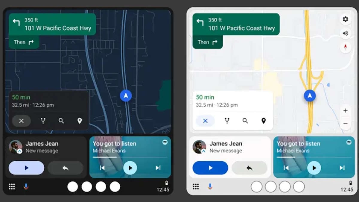 Android Auto com modo claro e escuro em funcionamento