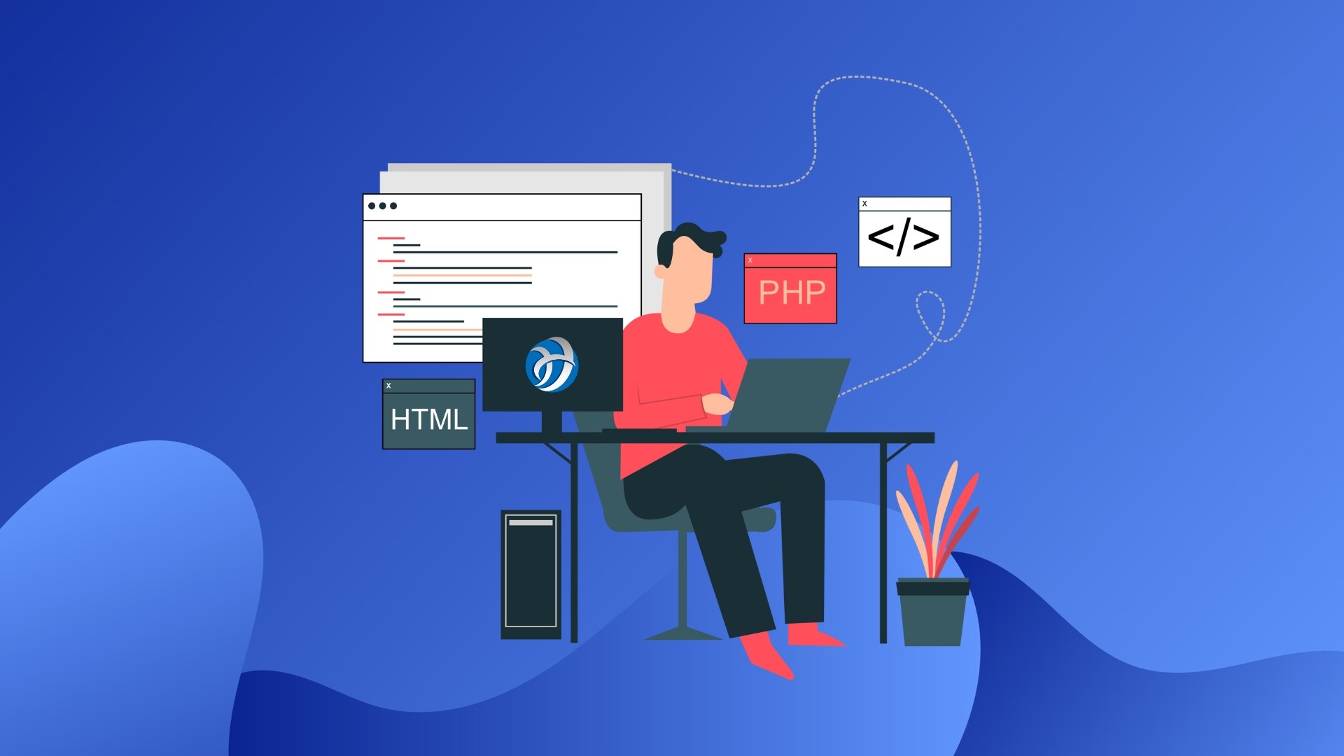 Pessoa em frente de computador a trabalhar em site, com o logo da Host TugaTech no monitor